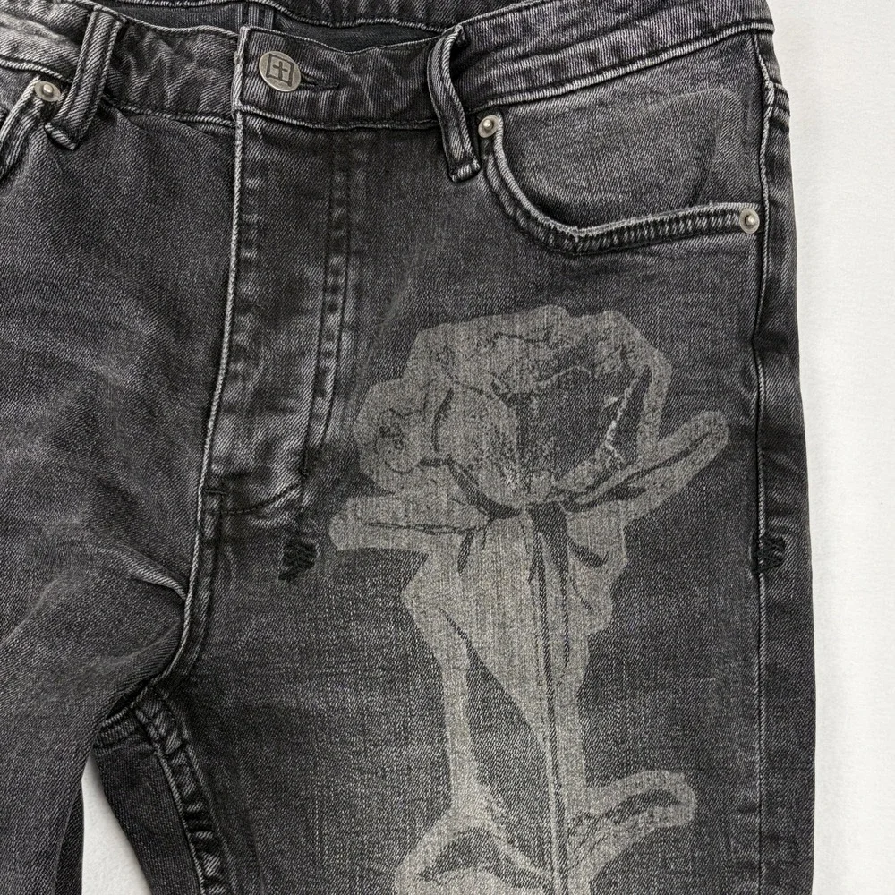 Ksubi Chitch Rose Graphic Slim Fit Jeans Washed Black Denim Mens 33